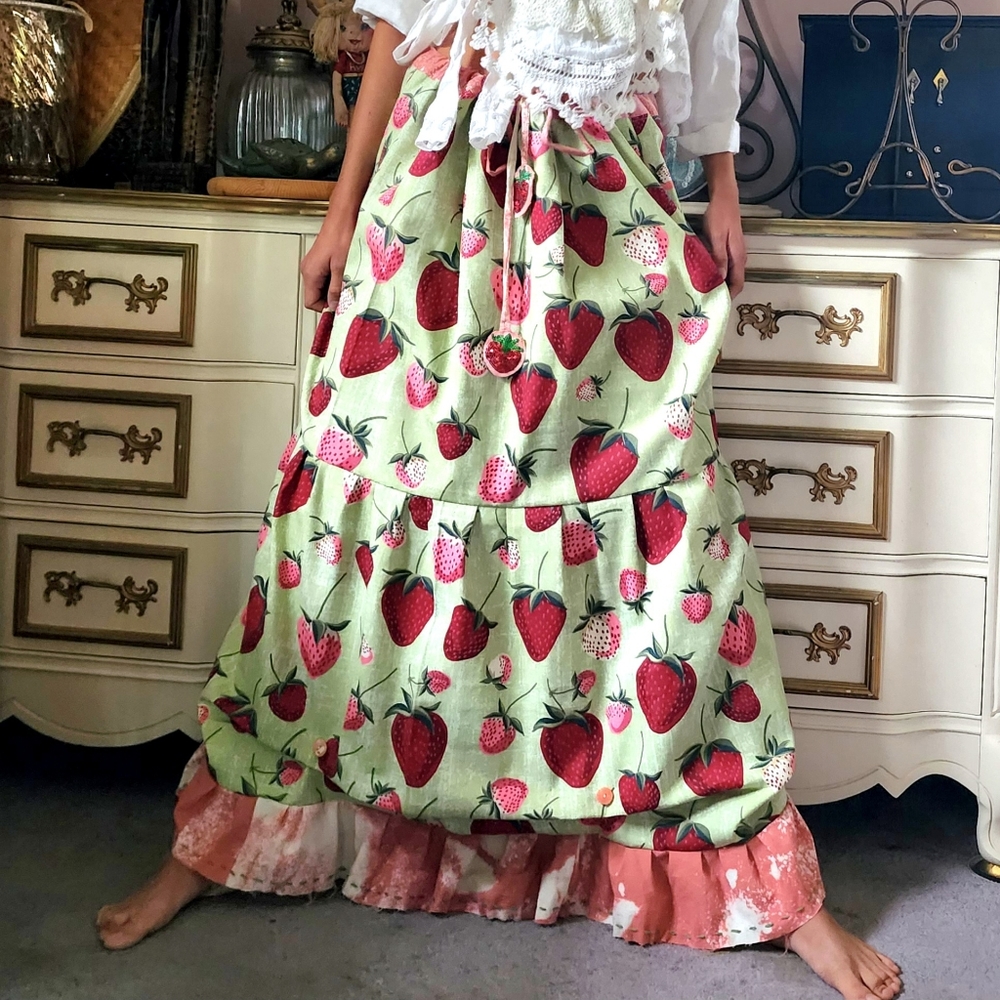SOLD OUT✅️Designer Boho Maxi Skirt Upcycled Rare Strawberry Cottage Shabby Chic - Picture 11 of 16